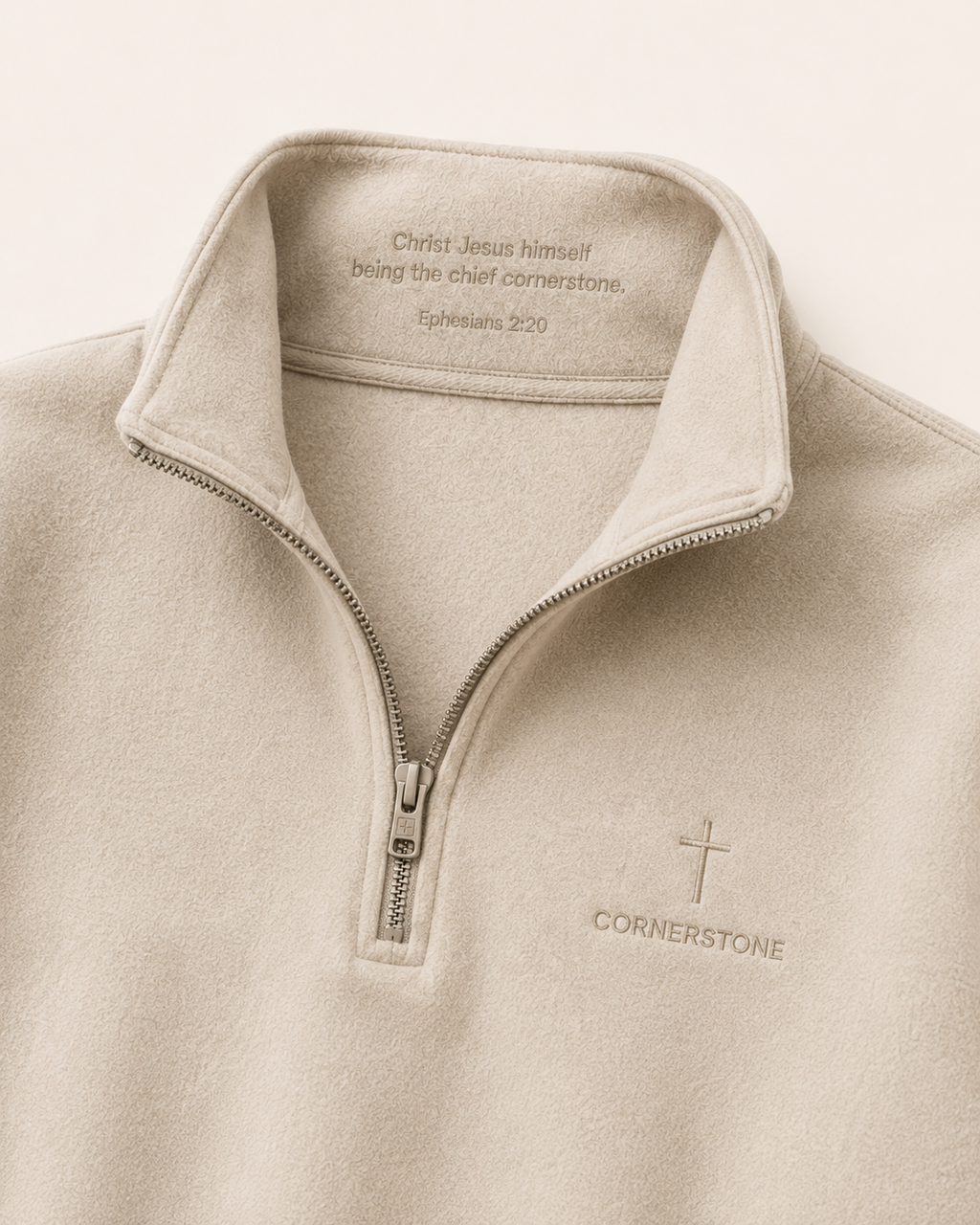 The Foundation Quarter-Zip interior collar Scripture detail Ephesians 2:20