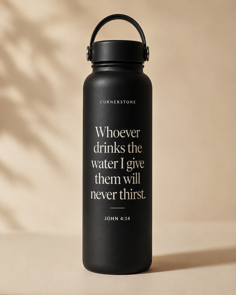 Black Cornerstone Living Water Bottle featuring John 4:14