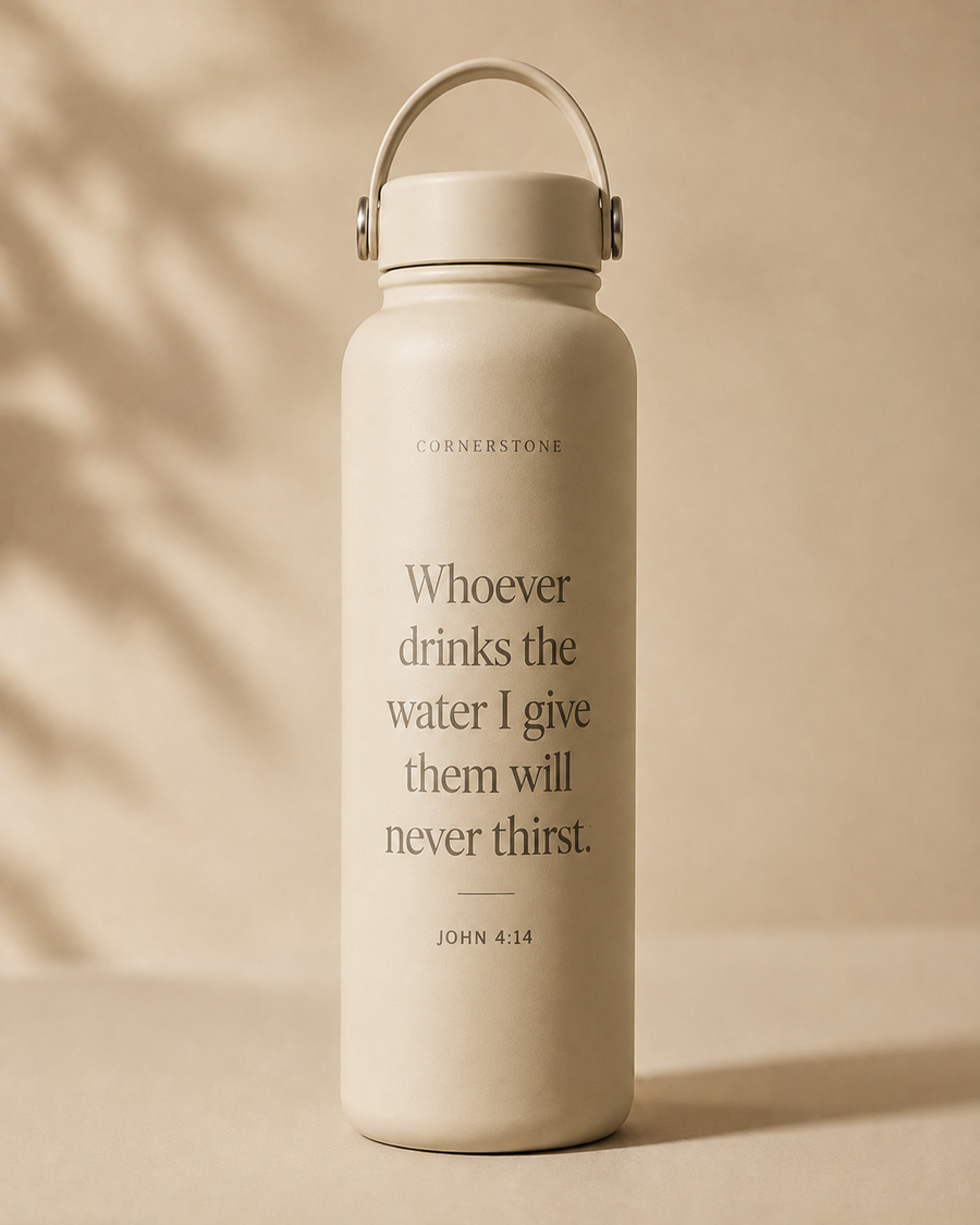 Cream Cornerstone Living Water Bottle featuring John 4:14