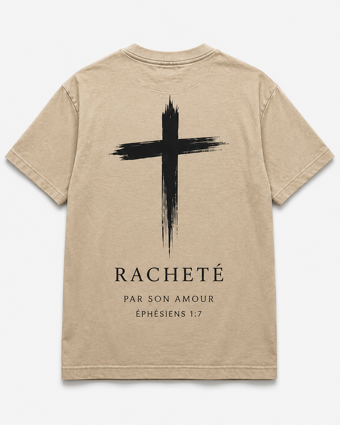 T-shirt crème Racheté de Cornerstone avec croix et message inspiré d’Éphésiens 1:7