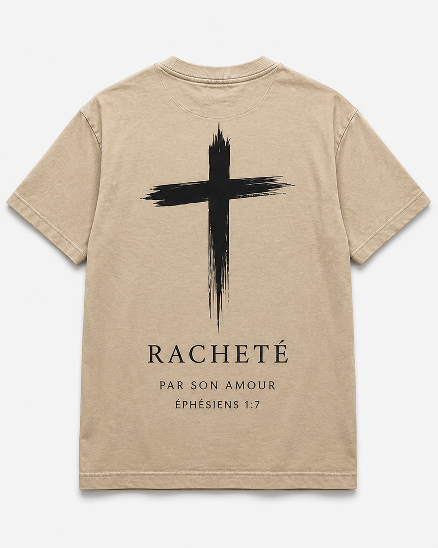 T-shirt crème Racheté de Cornerstone avec croix et message inspiré d’Éphésiens 1:7