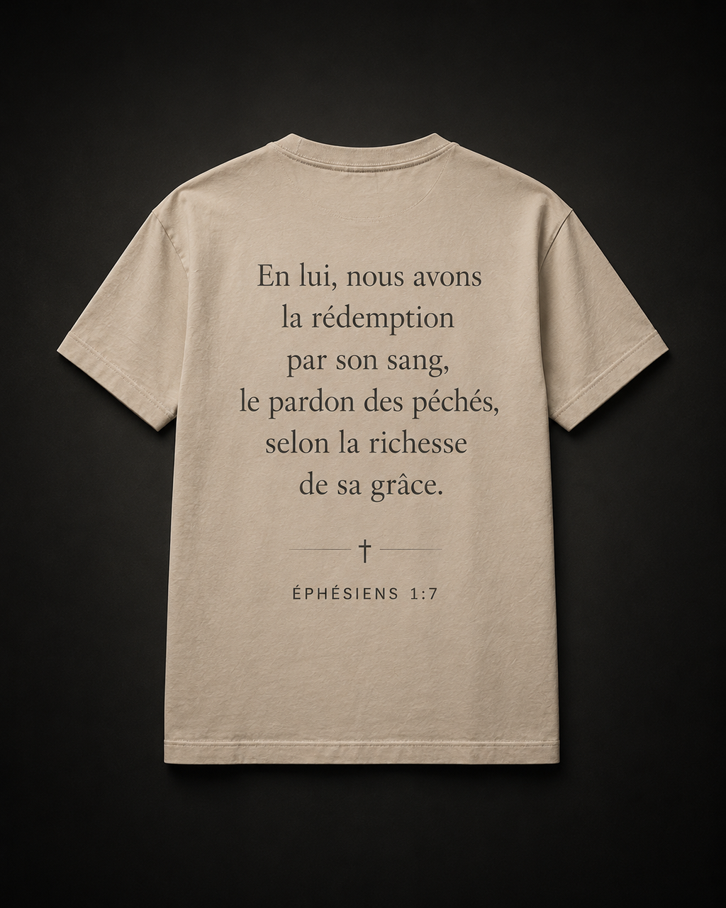 Dos du t-shirt Racheté de Cornerstone avec texte inspiré d’Éphésiens 1:7
