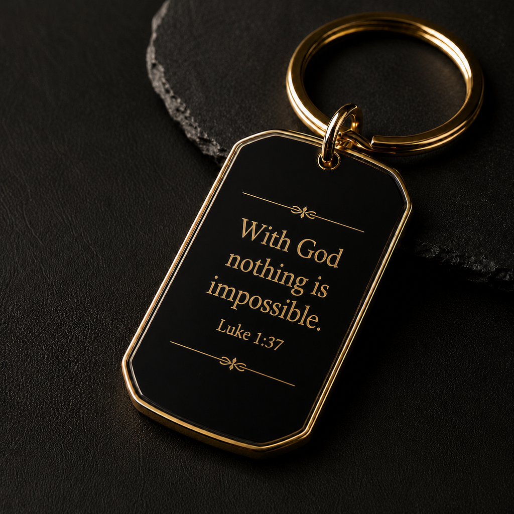 Christian keychain inspired by Luke 1:37, close-up view