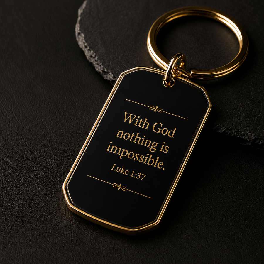 Christian keychain inspired by Luke 1:37, close-up view