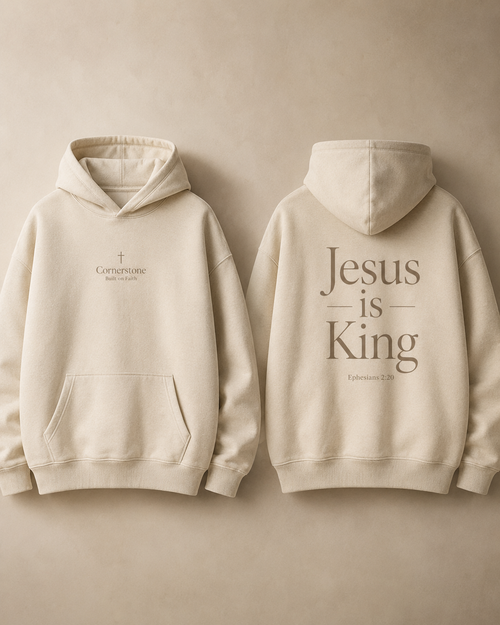 Beige Jesus Is King Signature Hoodie by Cornerstone, front and back views